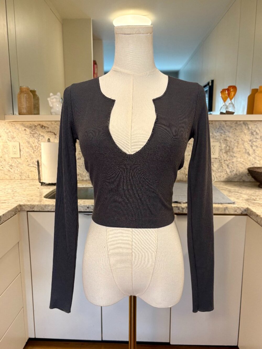Urban Outfitters BDG Nala Notch Neck Ribbed Long Sleeve Crop Top Gray Size S